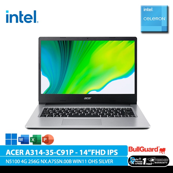 ACER ASPIRE 3 SLIM A314-35-C91P (14"FHD IPS,Intel® Celeron® N5100,4G,256G,NX.A7SSN.00B,WIN11,OHS,SIL