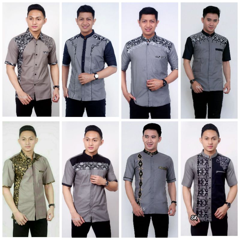[READY 15 MOTIF] ATASAN Kemeja hem batik katun kombinasi prada PRIA COWOK WARNA ABU KOMBINASI HITAM 