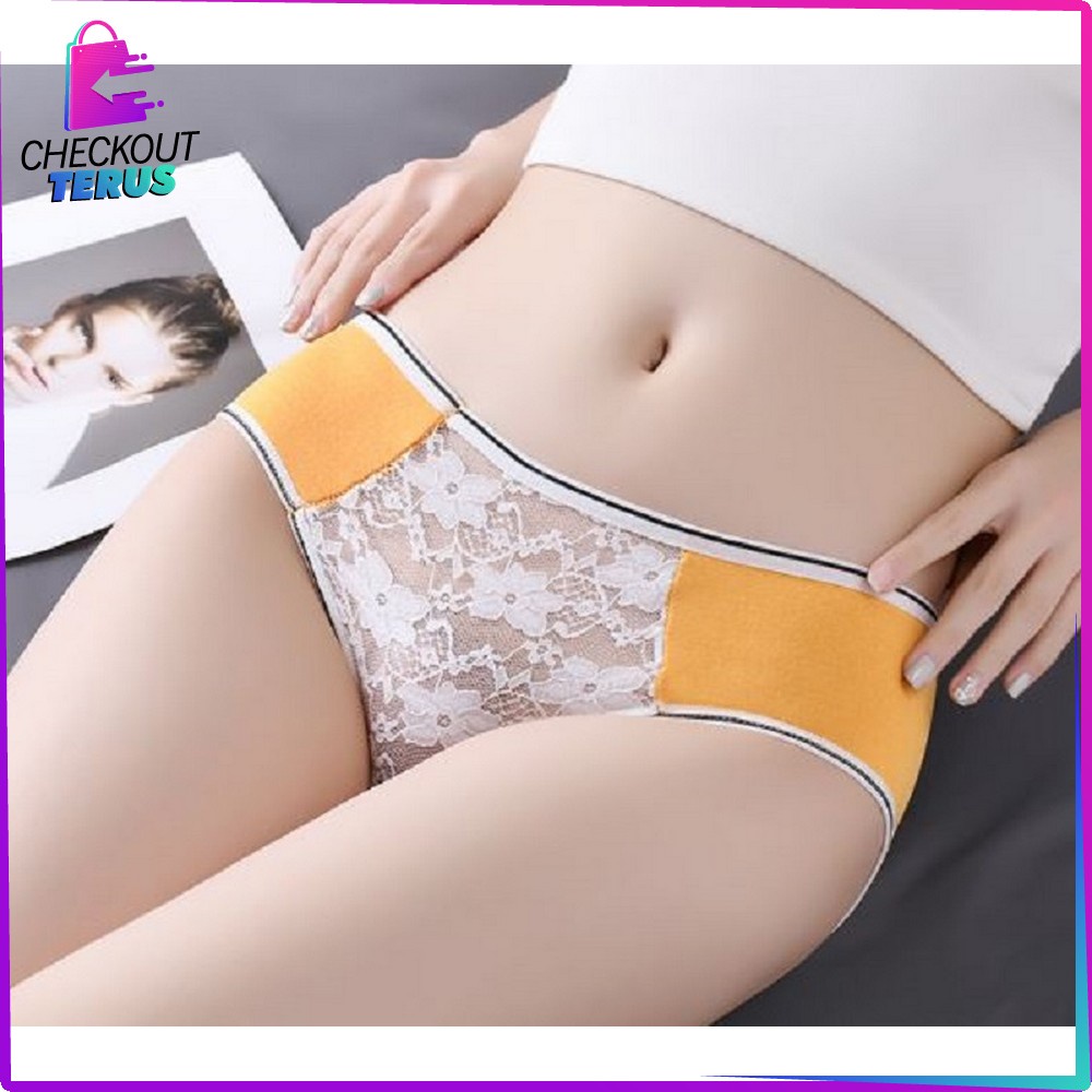CT P129 Celana Dalam Wanita Dewasa List Garis Renda Bunga Kolor Undies Wanita Import Motif Polos