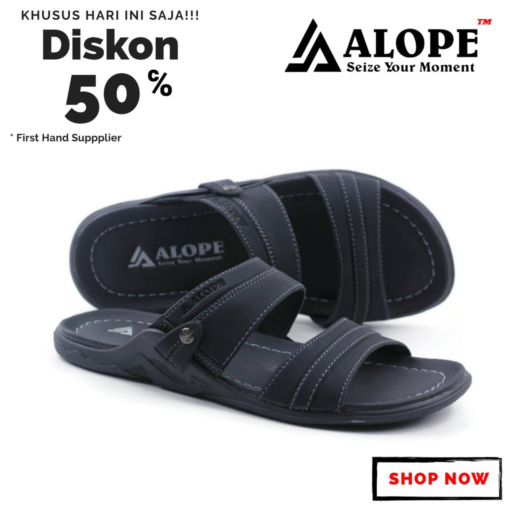 Sandal Kulit Alope H 06 Model Cowok Sendal Pria Kasual Ukuran 39 Sampai 43-FULL HITAM