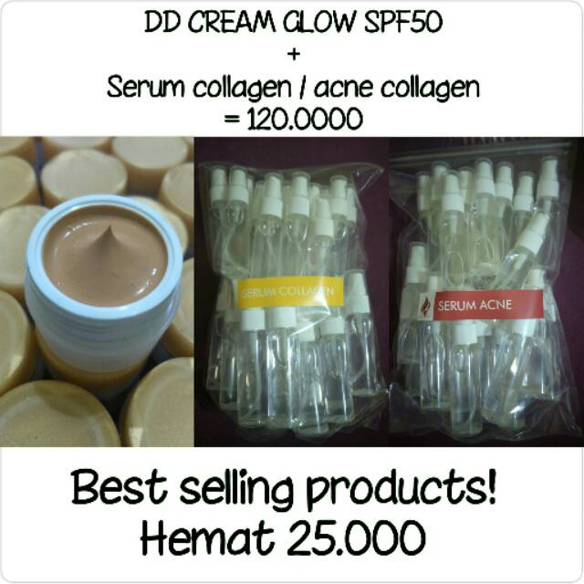 DD cream Glow SPF50 + serum collagen atau acne collagen