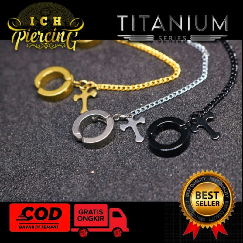 anting tindik dan jepit pria wanita model terbaru salib jepit rantai 3 variasi