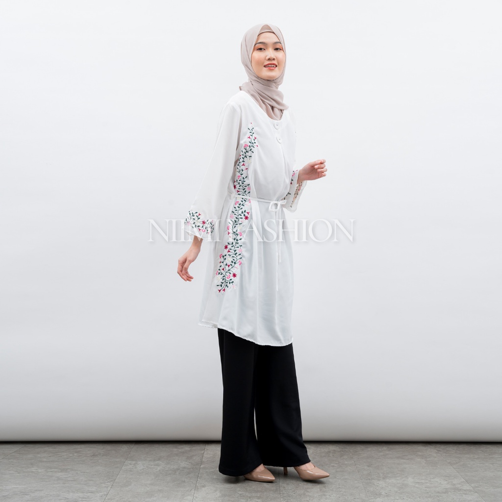 NIMI - Abira Blouse Putih Midi Dres Putih Bordir Premium Atasan Long Tunik Putih Jumbo Bordir