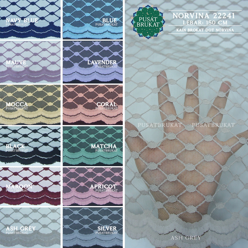 KAIN BROKAT NORVINA 22241 / BRUKAT TULLE MOTIF DIAMOND KOTAK DOT NORVINA, LEBAR 150CM [harga per 0.5]