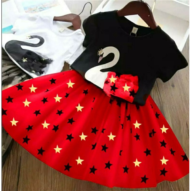 3 UKURAN S M L SET SWAN KID PAKAIAN ANAK PEREMPUAN SETELAN ROK BABYTERRY FEHM