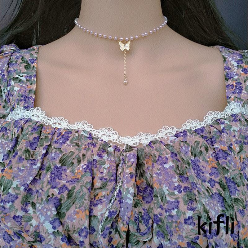 Kalung Rantai Klavikula Hias Liontin Kupu-Kupu Mutiara Gaya Retro Untuk Perempuan