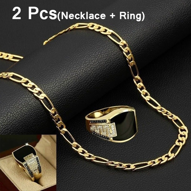 Kalung Emas 18K Fashion Pria Emas Hitam Permata Cincin Set Hip Hop Aksesoris Perhiasan Pesta (Kalung+Cincin)