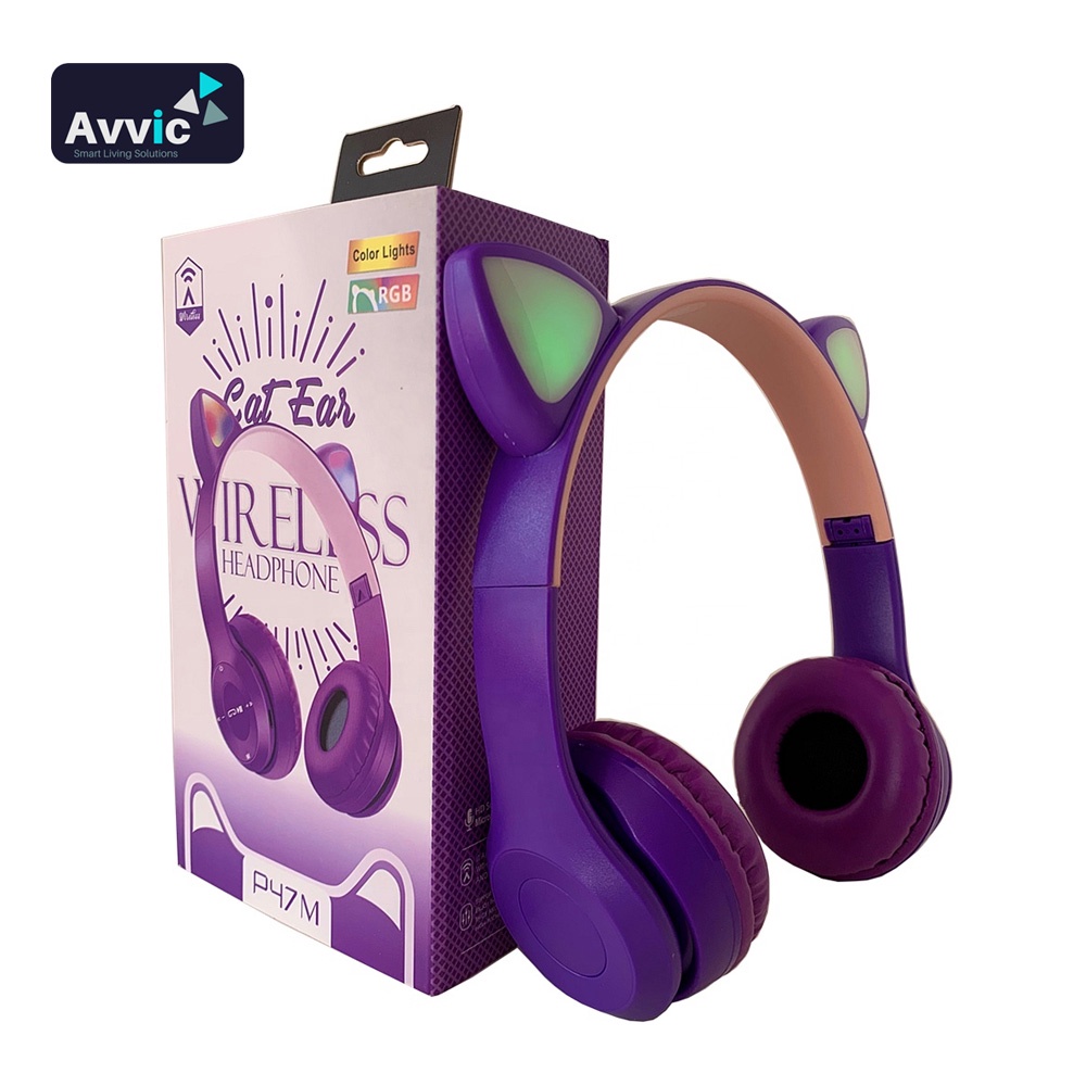 Headphone Wireless Bluetooth LED Cat Ears P47 Headset Handsfree Bando Kucing Stereo