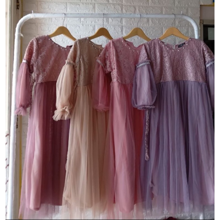BEST SELLER GAMIS BRUKAT ANAK TANGAN BALON  REALPICT BRUKAT TYLE RENDA USIA 1-10 TAHUN WARNA PINK, C