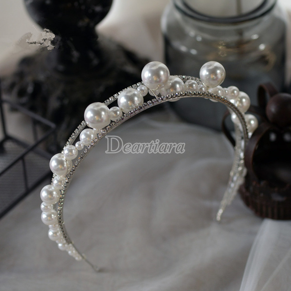 Bandana Bahan Alloy Aksen Mutiara Berlian Imitasi Gaya Korea Untuk Aksesoris Rambut Pengantin Wanita