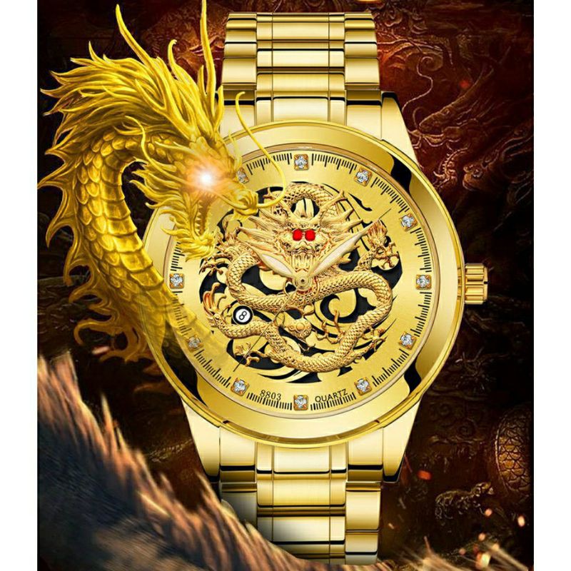 (COD) Jam Tangan Naga Pria Original Finite 100% Anti Air 3 ATM Stainless Steel Milenial Quartz Men Watch Motif Dragon 3D Gold Mewah [100% Original+30m Waterproof]