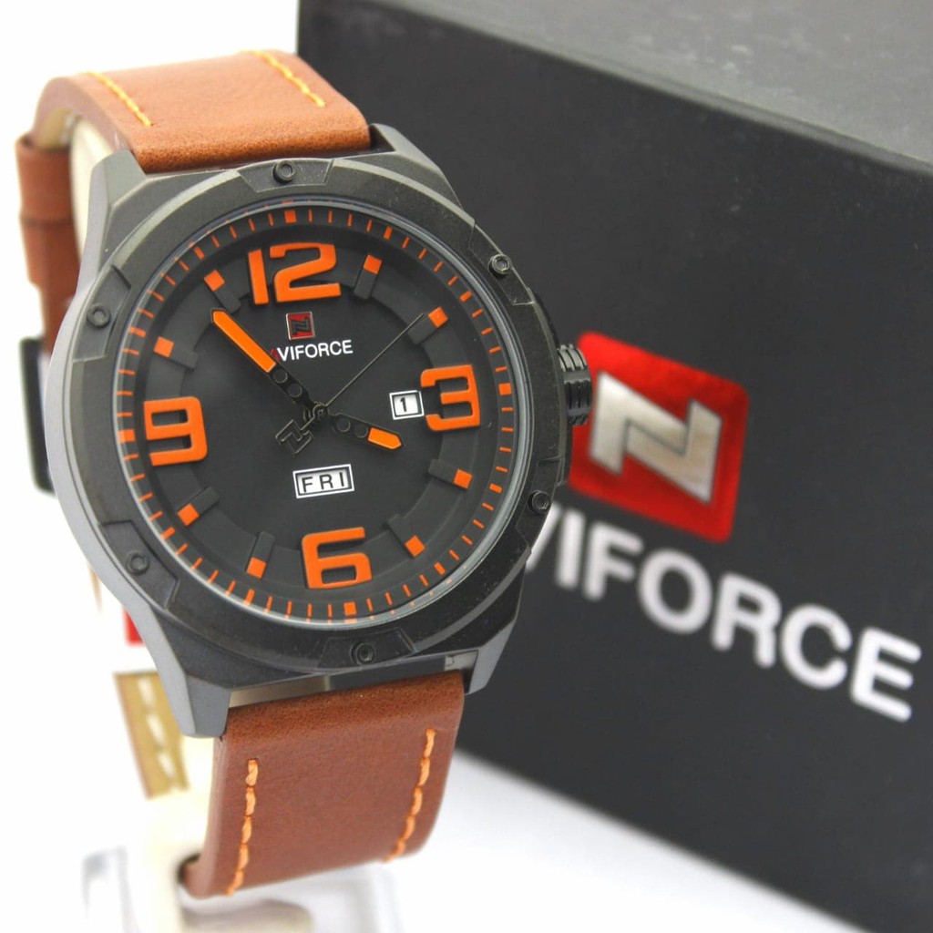 Passo Fundo Shahrud Jam Tangan Pria / Cowok Naviforce NF9100M Original Leather Light Brown