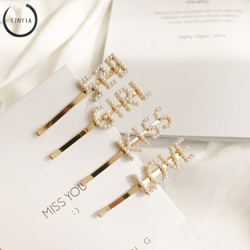 Jepit Rambut Model Huruf Inggris dengan Mutiara Imitasi untuk Wanita