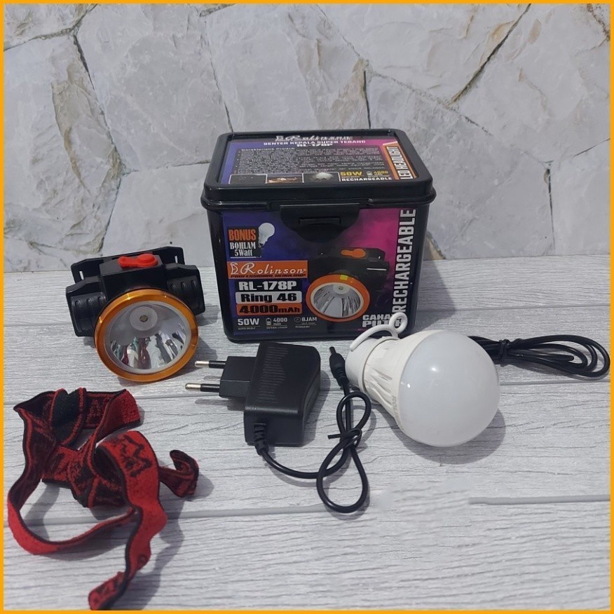 Senter Kepala Led Super Terang 50Watt Cahaya Putih &amp; Cahaya Kuning Waterproof Headlamp Anti Air