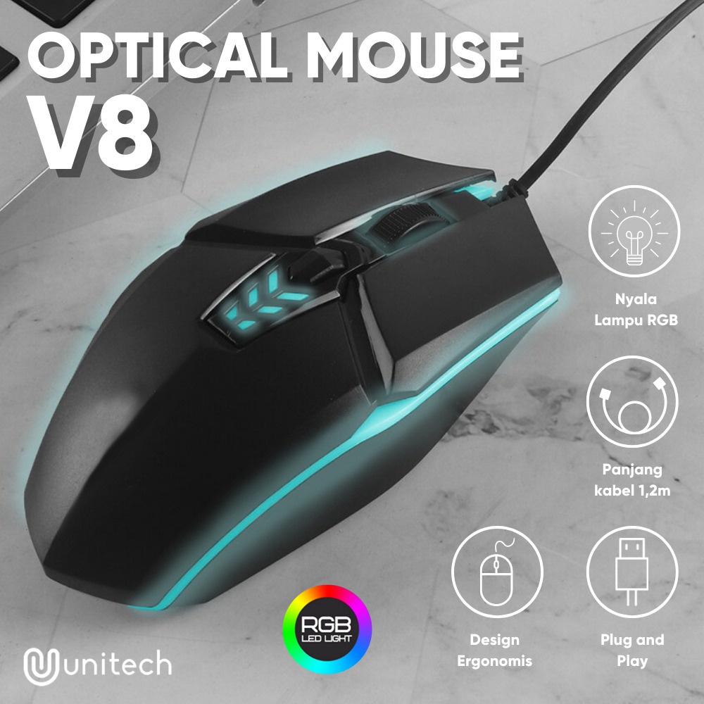 Mouse Gaming Kabel USB Unitech 1200DPI Dengan 7 Lampu LED V8