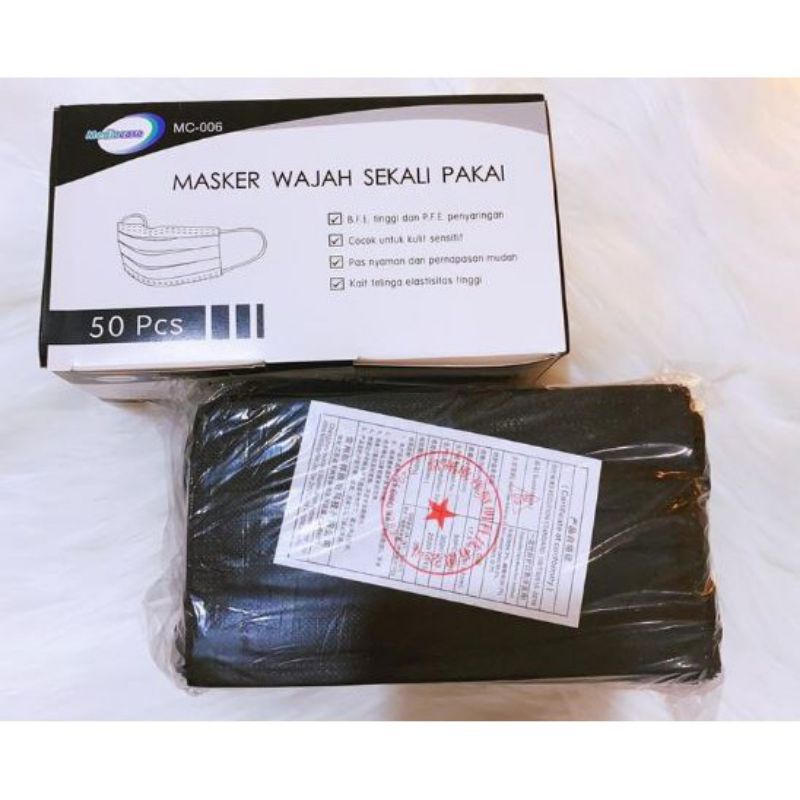 ✿ELYSABETHME✿ Masker 3ply Hitam (BOX) isi 50 earloop medis anti polusi debu penutup mulut dan hidung