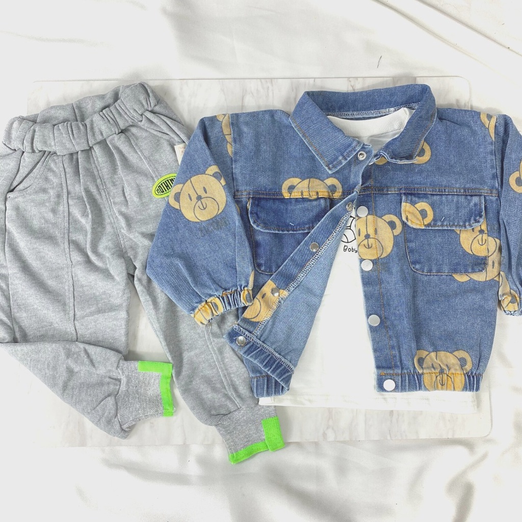 [COD]  Setelan anak laki laki motif BEAR DENIM 0-5 Tahun Baju 3in1 baju impor premium