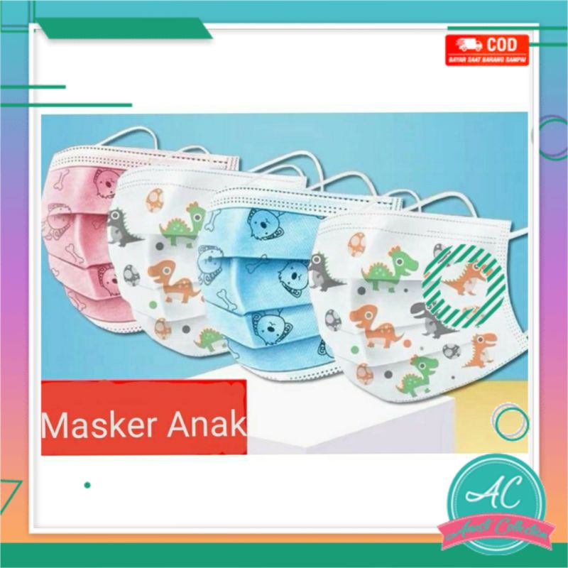 1box 50pcs Masker cantol earloop 3ply anak balita sekolah motif kartun lucu