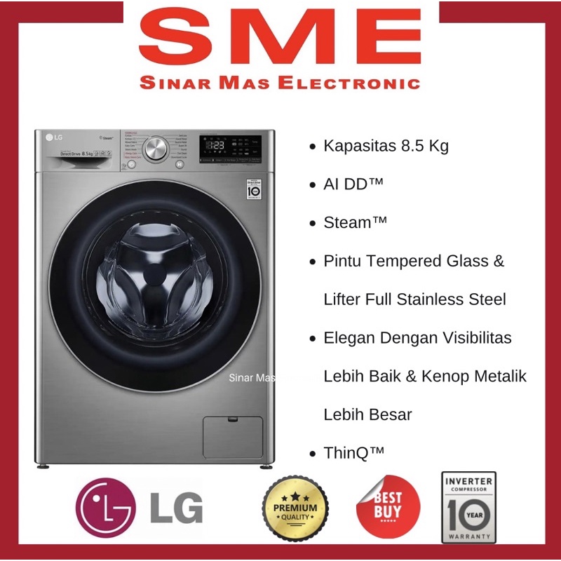 Mesin Cuci 1 Tabung Buka Depan 8.5 Kg LG INVERTER & BODY STAINLESS