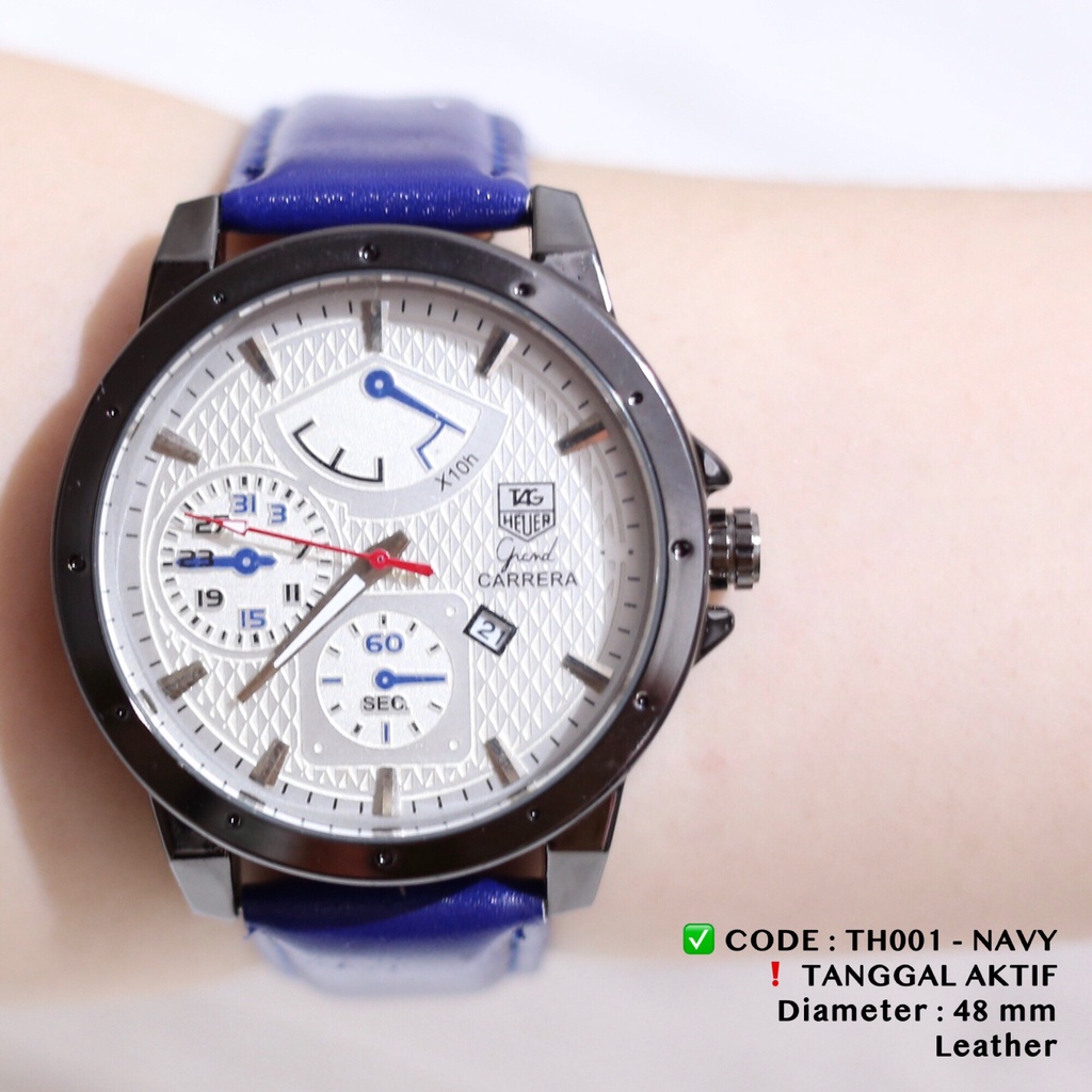 Jam tangan pria tanggal aktif tali kulit leather free baterai fashion cowok TH001