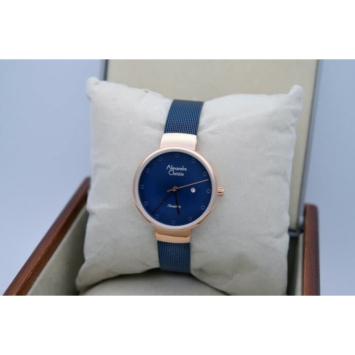 Jam tangan wanita alexandre christie original AC 2509LD BIRU ROSEGOLD