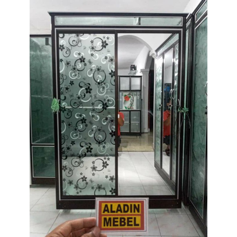 Lemari Sleding Frame Coklat Kaca Sticker