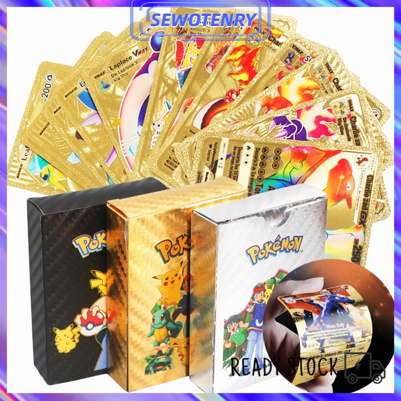 【150pcs】27-54 Pcs Logam Kartu Pokemon Trading Card Emas Bahasa Inggris Charizard Pikachu Pelatih Permainan Kartu Koleksi
