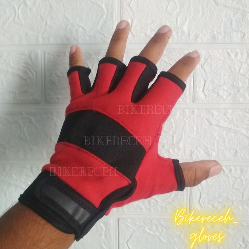 Sarung Tangan Motor Setengah Jari Motif Kain Sport - Merah