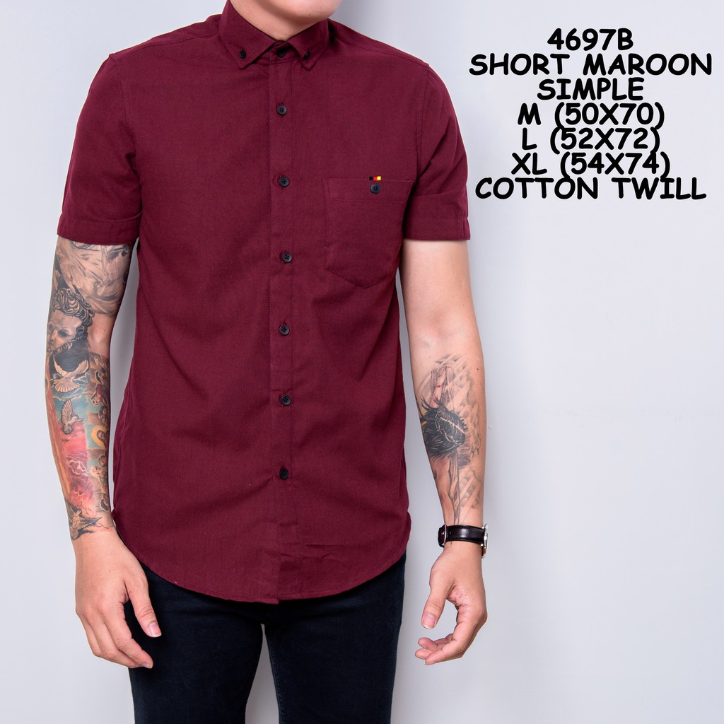 4697 Kemeja Pria Lengan Pendek Merah Maroon Polos Murah