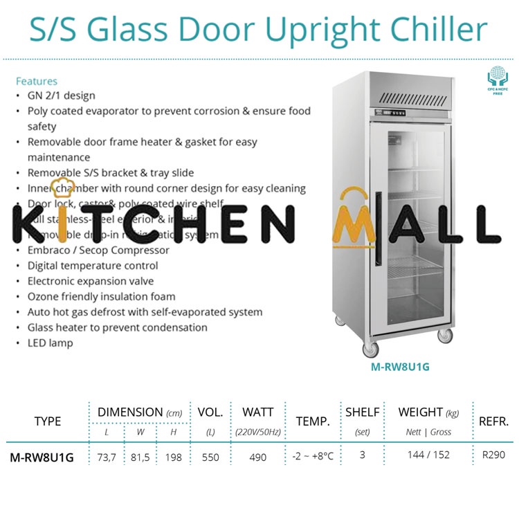 GEA M-RW8U1G Kulkas 1 Satu Pintu Kaca / Glass Door Upright Chiller