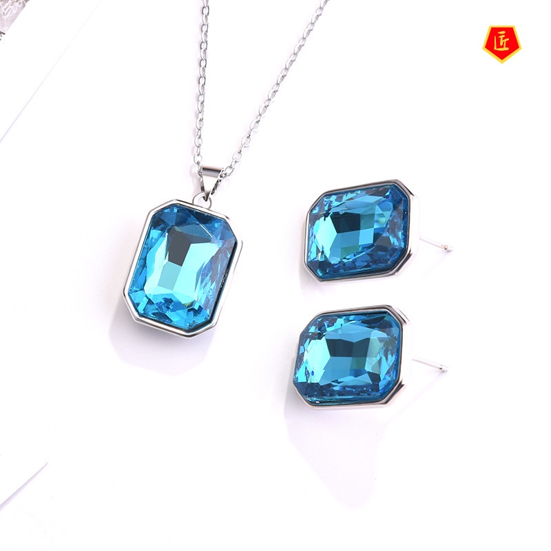 [Ready Stock]New Inlaid Topaz Sea Blue Gem Stud Earrings Necklace Set