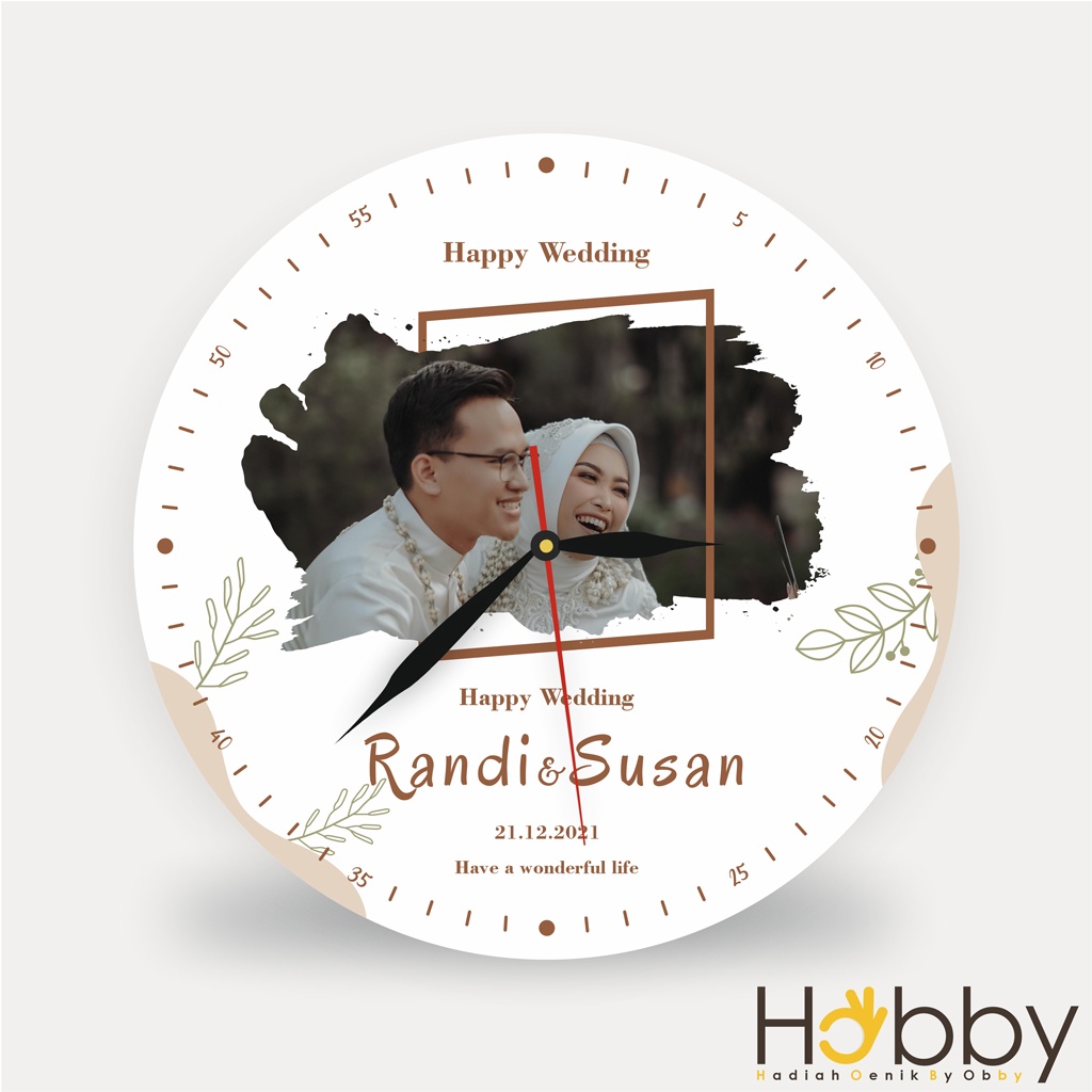 JAM DINDING KAYU CUSTOM NAMA FOTO HADIAH PERNIKAHAN UNIK KADO WEDDING MEJA DUDUK GRADUATION AESTETIK