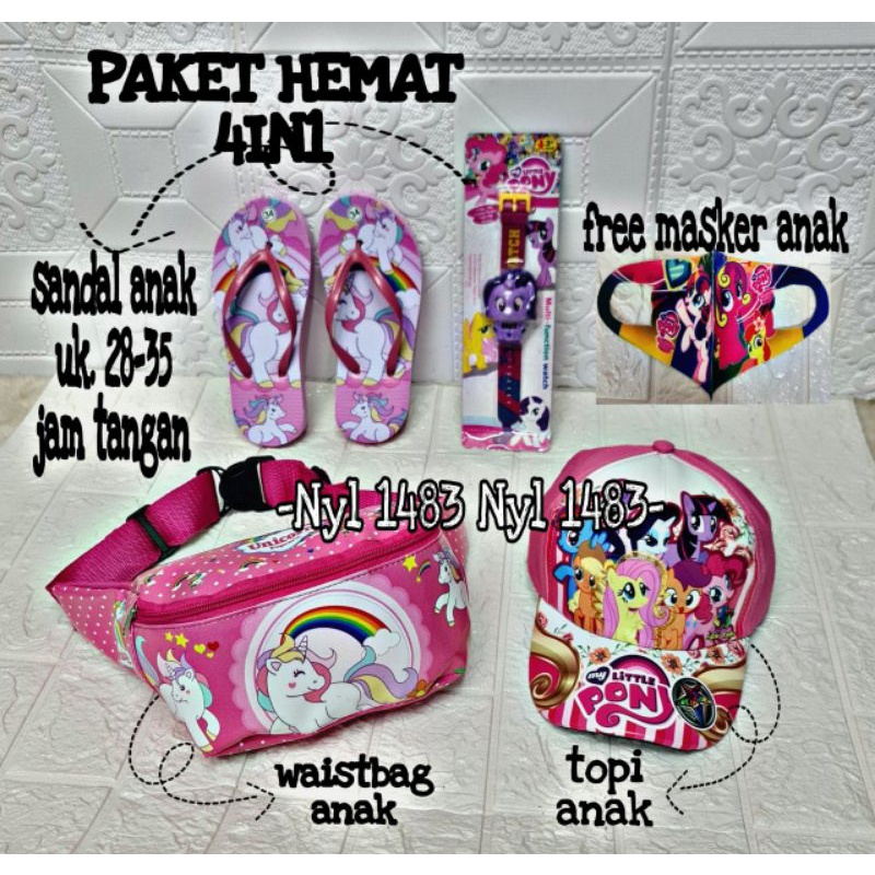 REAL PICT | paket hemat 4in1 tas selempang anak waistbag free topi / sandal / jam tangan