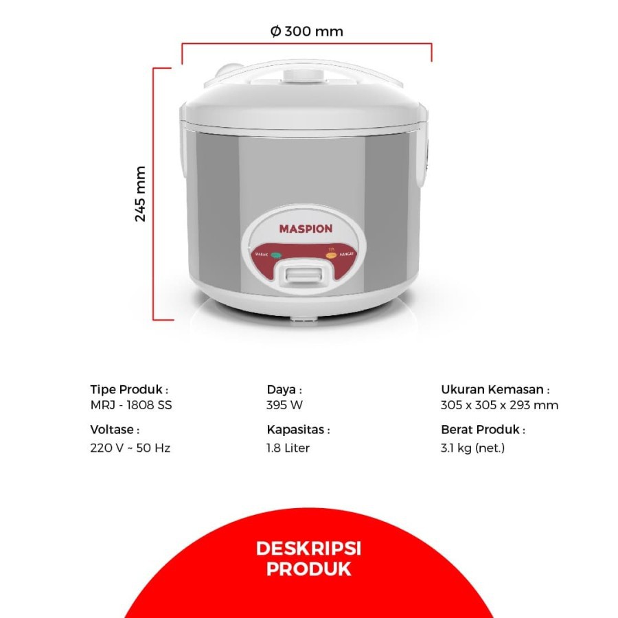 MASPION Magic Com / Rice Cooker 3in1 1,8 Liter Stainless - MRJ 1808 SS