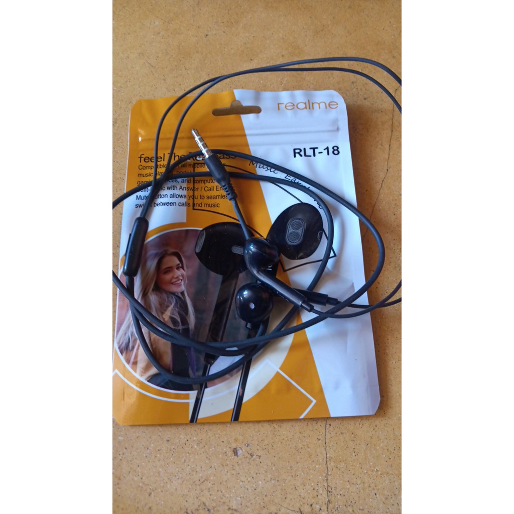 HEADSET HANDSFREE EARPHONE HF REALME RLT-18 SUPER BASS NON KARET PACKING PLASTIK KLIP KUALITAS PATEN