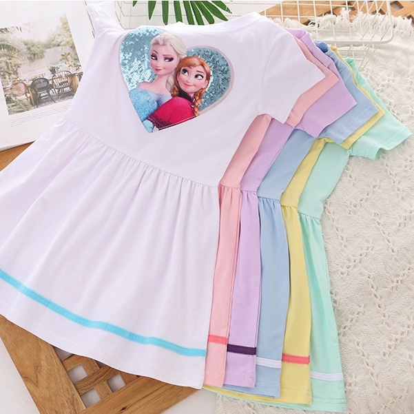 Dress Frozen Anak Perempuan Disney Elsa Anna Lengan Pendek Katun Motif Kartun Karakter Import