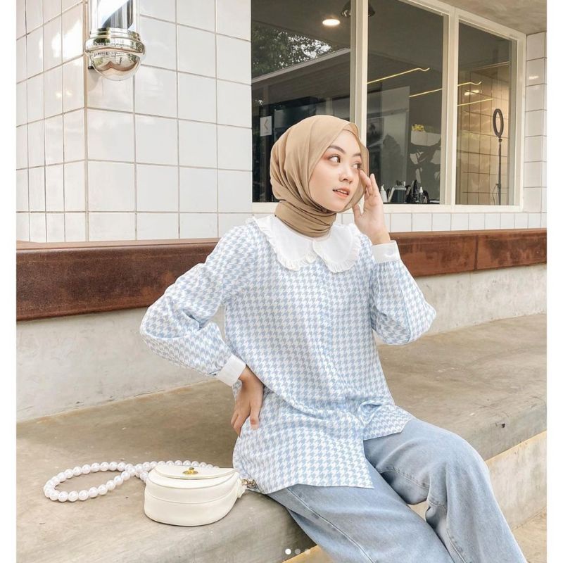 new houndstooth blouse blue XL by vanilla hijab free konektor masker