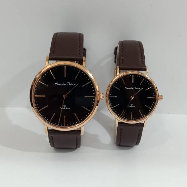 Jam tangan couple Alexandre Christie AC 8625 AC8625 Black Rosegold Alexander Christie strap Kulit