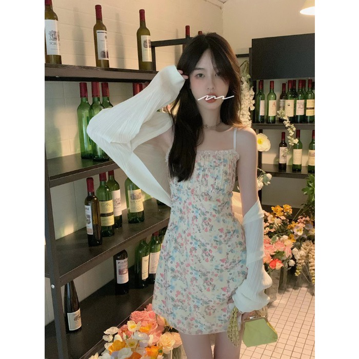 Mini Dress Gaya Lembut Temperamen Floral Rok Gaun Wanita Musim Panas Renda Suspender Rok Pinggang A-