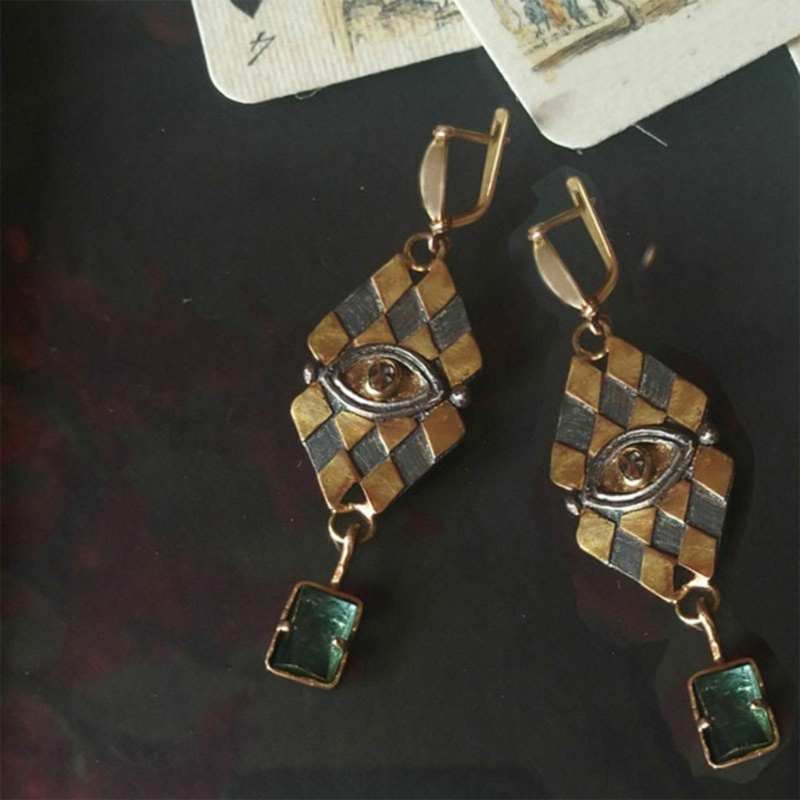 Anting Menjuntai Bahan Logam Bentuk Belah Ketupat Geometris Gaya Vintage Untuk Hadiah