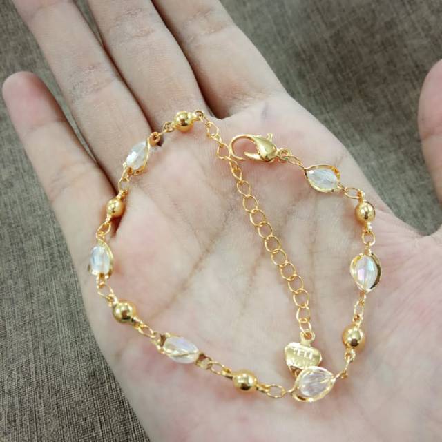 Gelang tangan batu putih perhiasan wanita gold