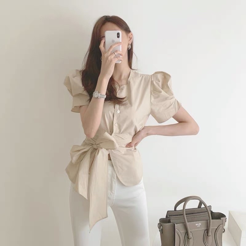 Taniyi Ruffle Korean top kemeja wanita lengan pendek vintage blouse
