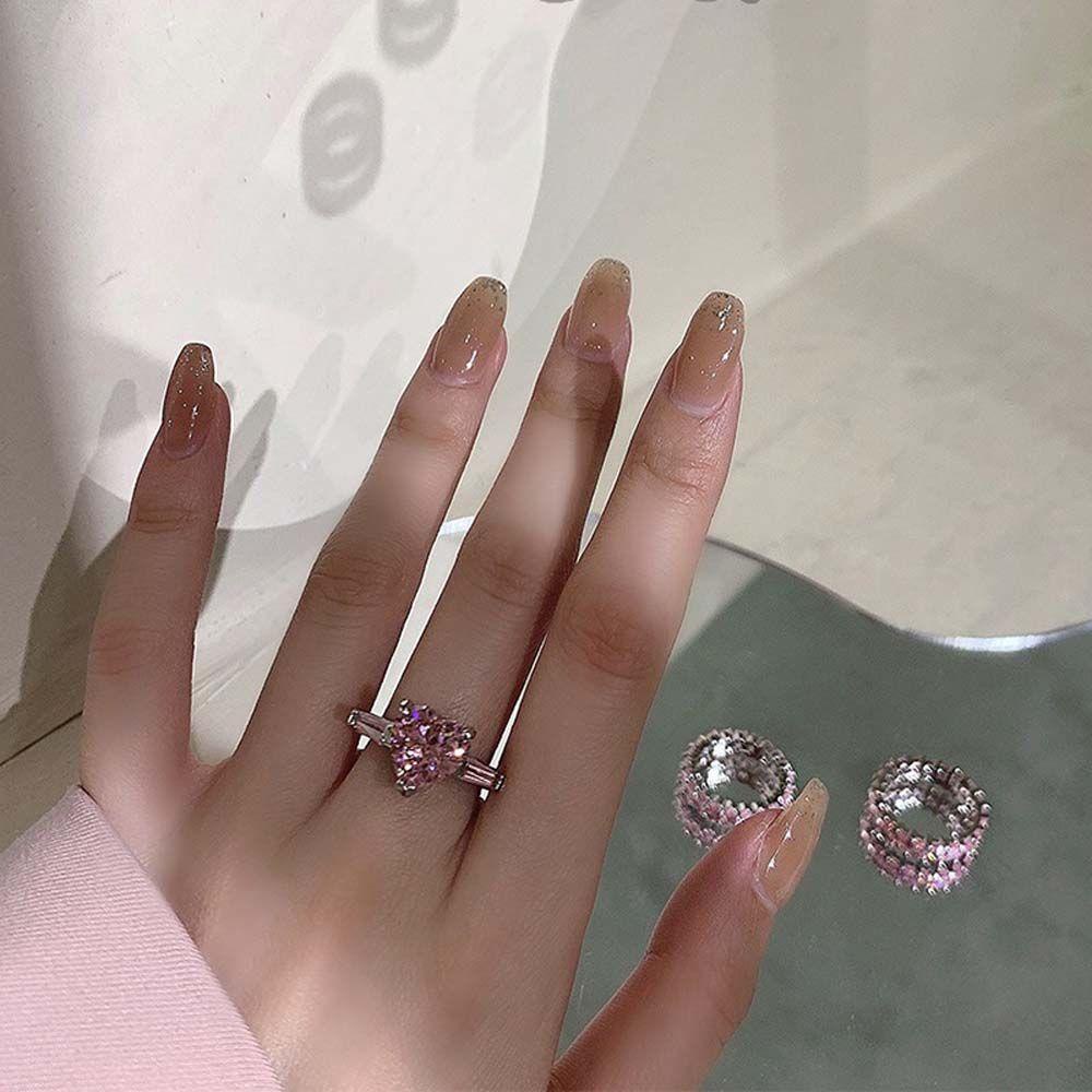 Mxbeauty Wanita Jari Cincin Temperamen Liar Merah Muda Berlian Imitasi Persegi Kristal Fashion Perhiasan