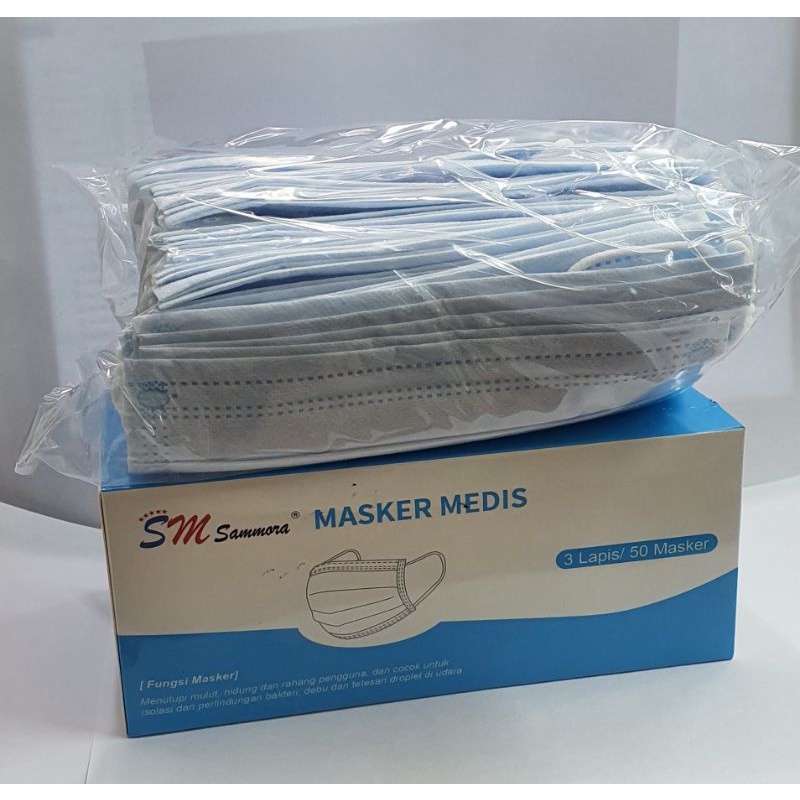 Masker Wajah 3 ply karet-Masker Medis izin depkes 1box isi 50pc-Masker Sammora