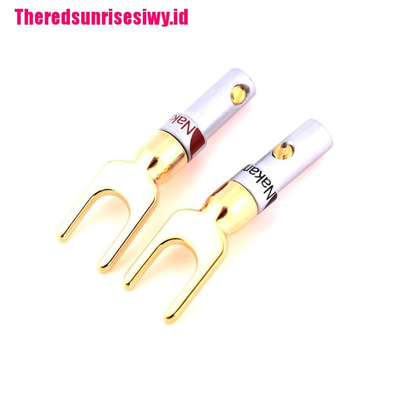 【Theredsunrisesiwy.id】New 2pcs Copper Gold Plated Speaker Banana U Fork Y Spade Plug Wire Connector