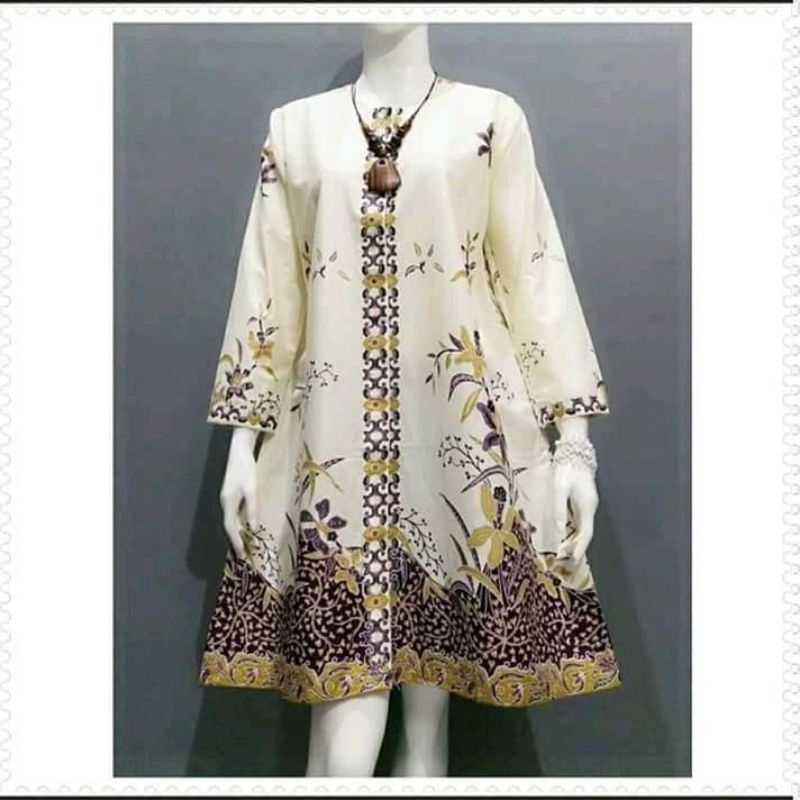tunik batik putihan motif bunga buket ukuran m, l, xl, jumbo