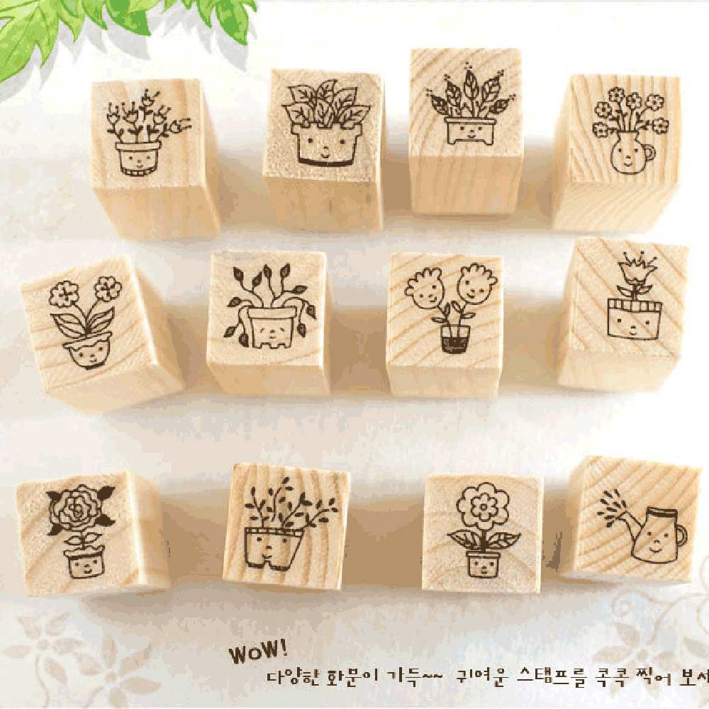 KAKA 12Pcs Set Stamps Cap Kayu Gambar Kartun Kucing Bunga Tanaman Pot Senyum Untuk DIY Dekorasi Anak