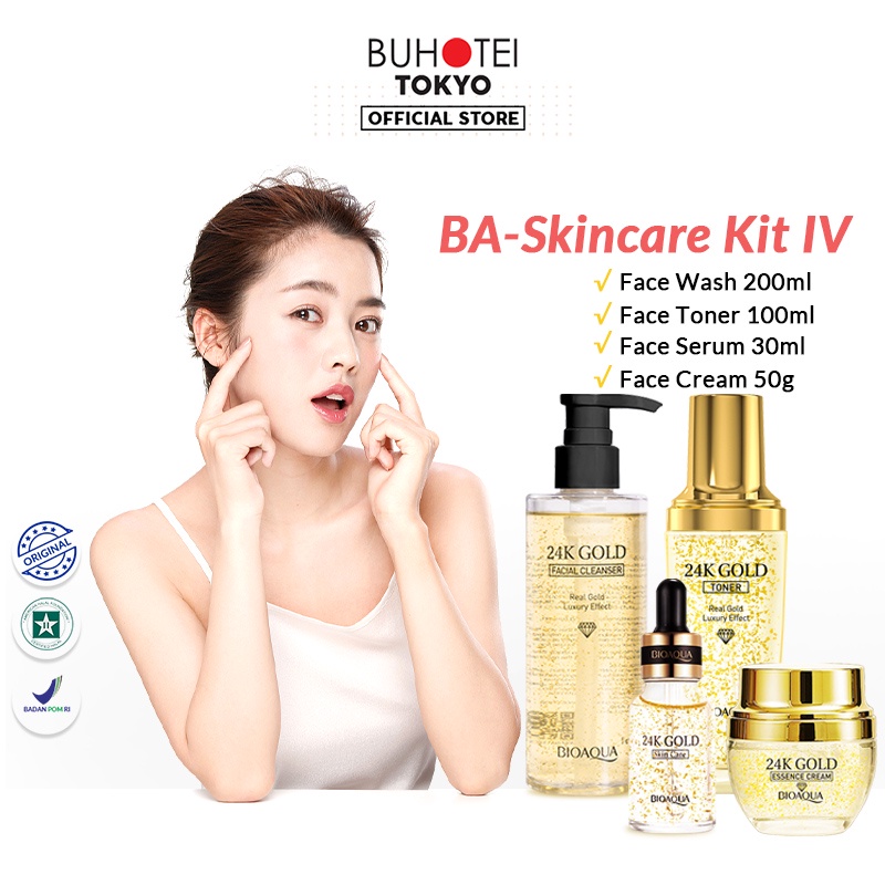 BUHOTEI Bioaqua 24K Gold Skin Care BPOM Skincare Paket Lengkap Whitening dan Brightening Essence Cream Skin Barrier & Gentle Cleanser & Exfoliating Toner & Hydrating Serum Skincare Untuk Kulit Berminyak Acnes Menghilangkan Bekas Jerawat Oil Control-BA-Skin Care Kit IV