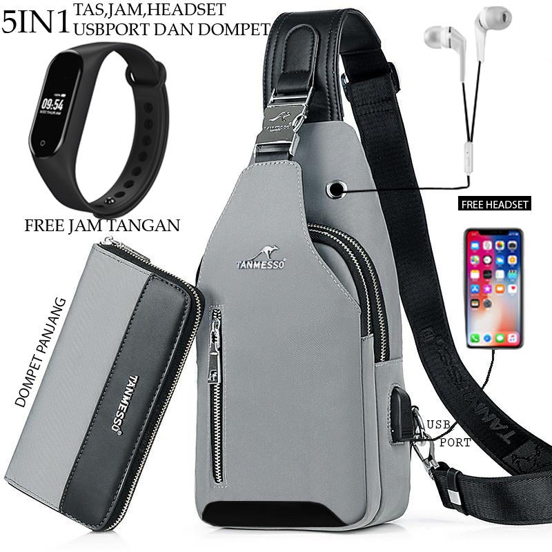 TANMESO 5IN1 BAYAR DITEMPAT- JAM LED - HEADSET- DOMPET -USBPORT -TAS WATERPROOF-BAHAN INTERPILAR SENDIRI LEMBUT DAN TEBAL MENGANDUNG 70%COTTON BUKAN PARASUT ATAU KANVAS SEPERTI YANG BEREDAR DIPASARAN-TAS SELEMPANG PRIA-SLING BAG PRIA