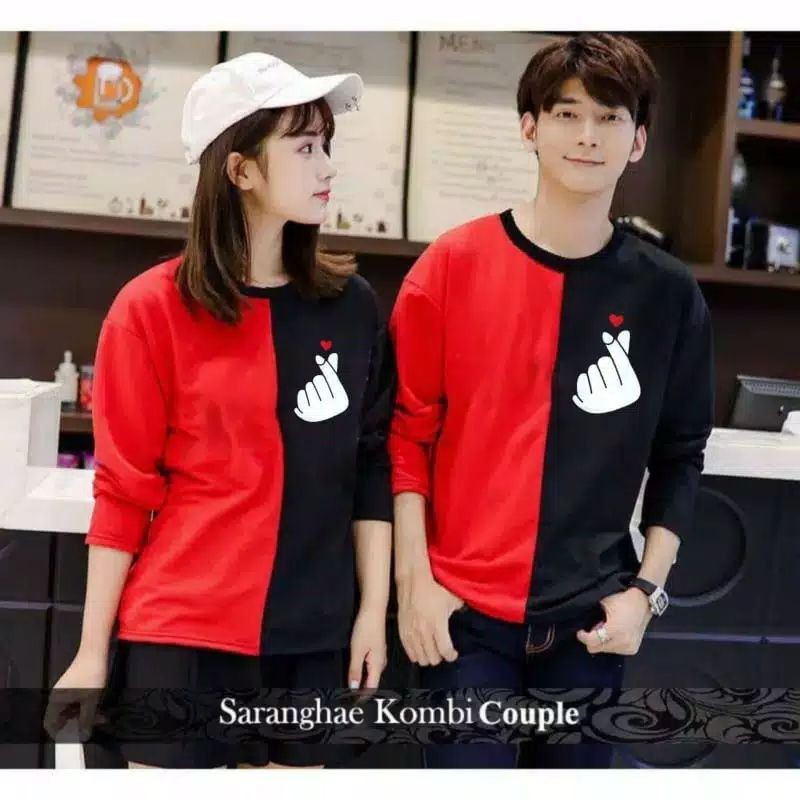 Kaos couple saranghae kombinasi lengan panjang - baju pasangan sarang love korea